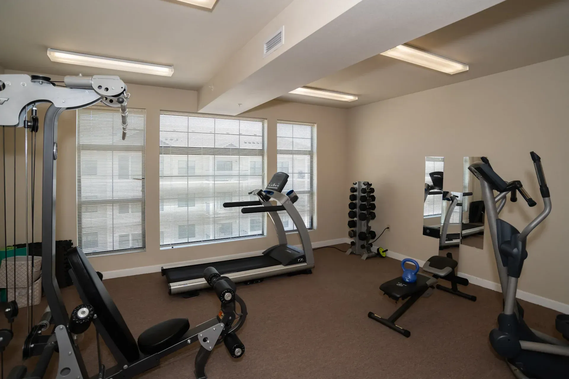 A gym with a treadmill and a bicycle
