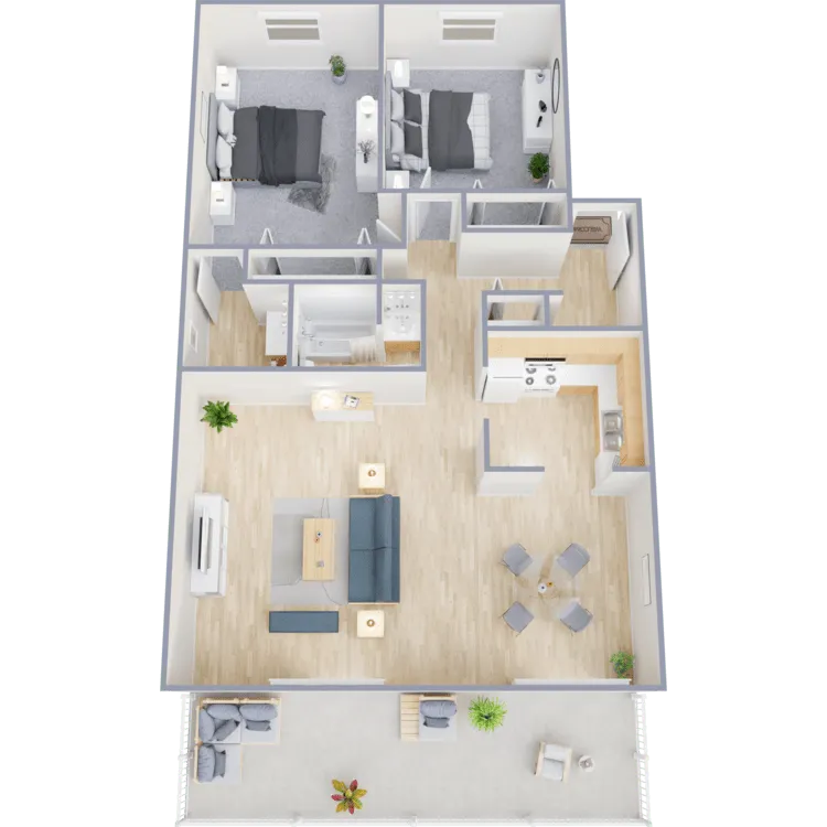A 3d floor plan of a house with two bedrooms and a balcony.