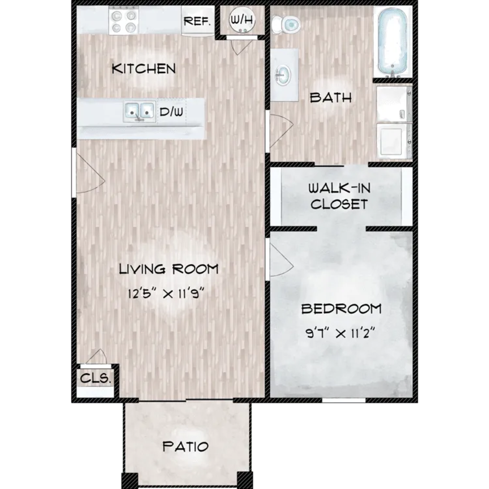A 3d floor plan of a small apartment with a bedroom , living room , and kitchen.