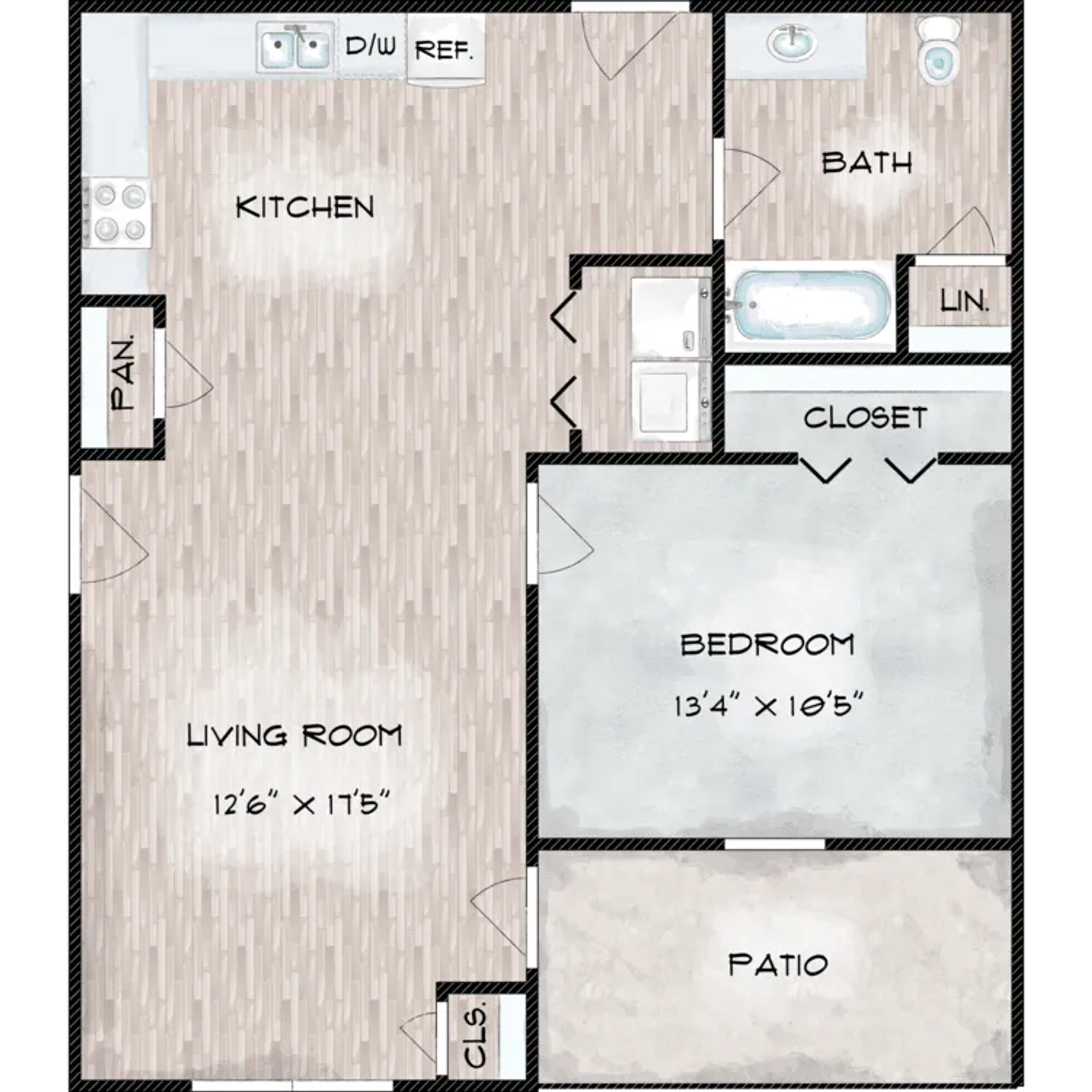A 3d floor plan of a house with two bedrooms and a living room.