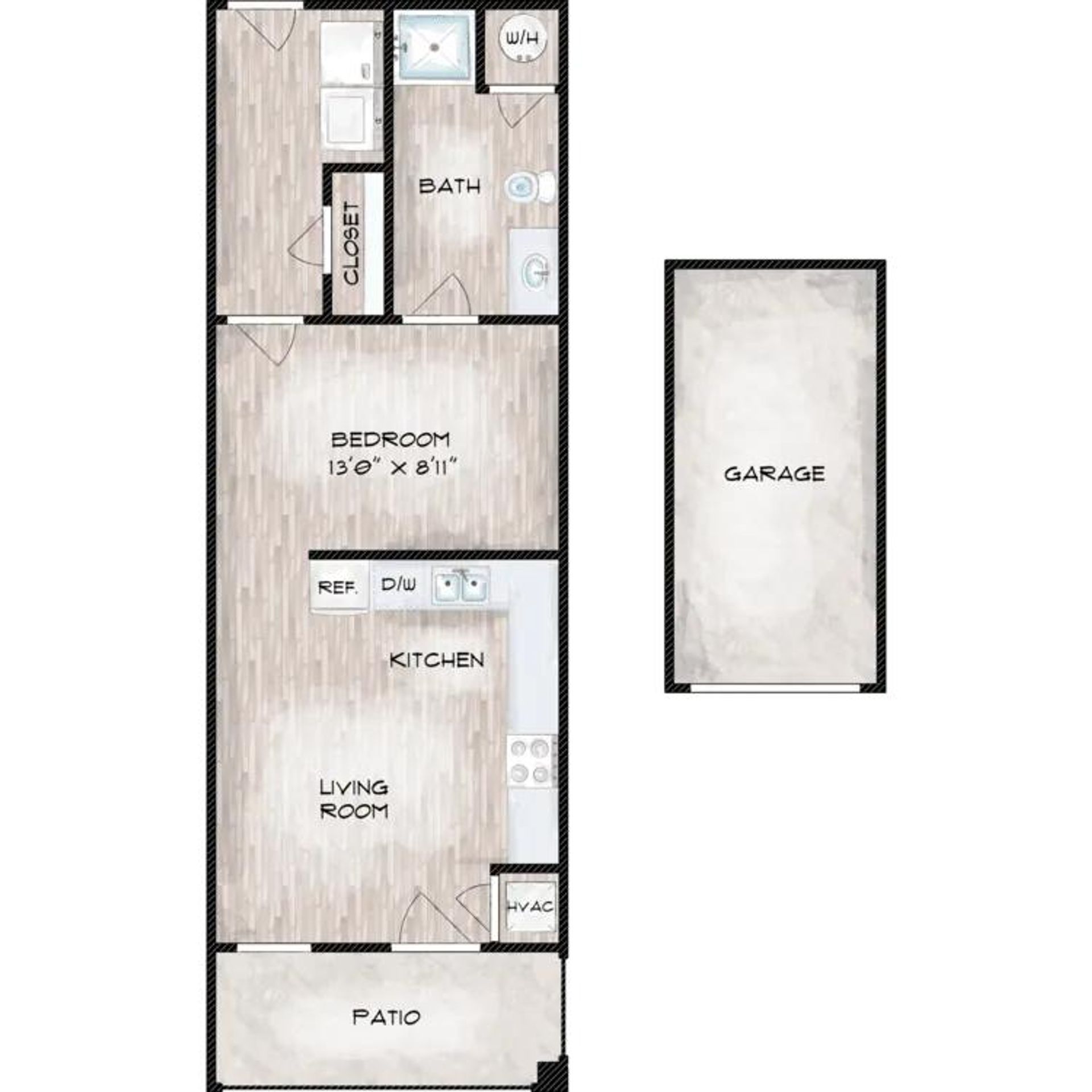 A 3d floor plan of a small apartment with a bedroom , living room , and kitchen.