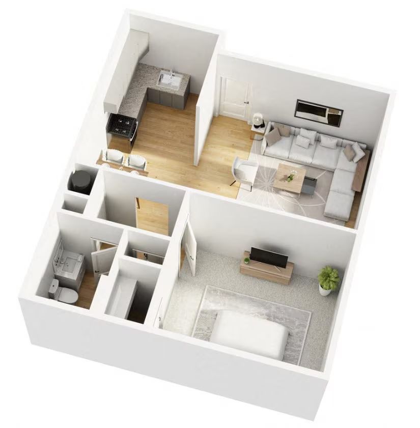 A 3d floor plan of a small apartment with a bedroom , living room , and kitchen.
