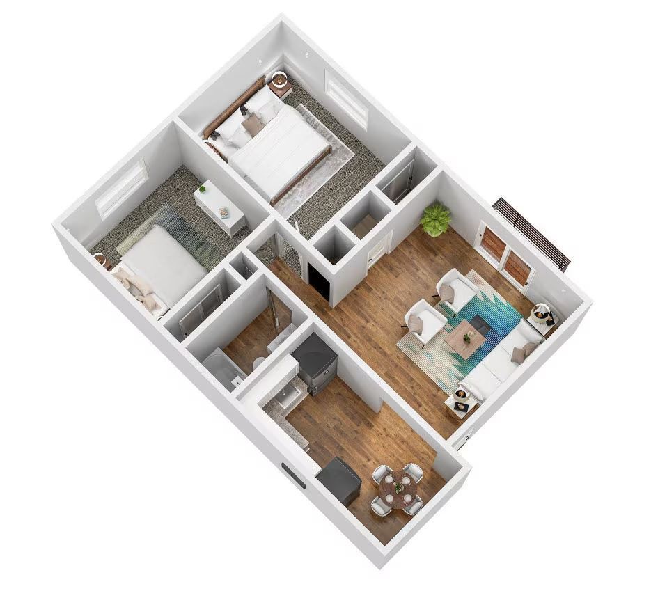 A 3d floor plan of a house with two bedrooms and a living room.