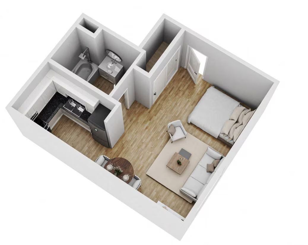 A 3d floor plan of a small apartment with a bedroom , living room , and kitchen.
