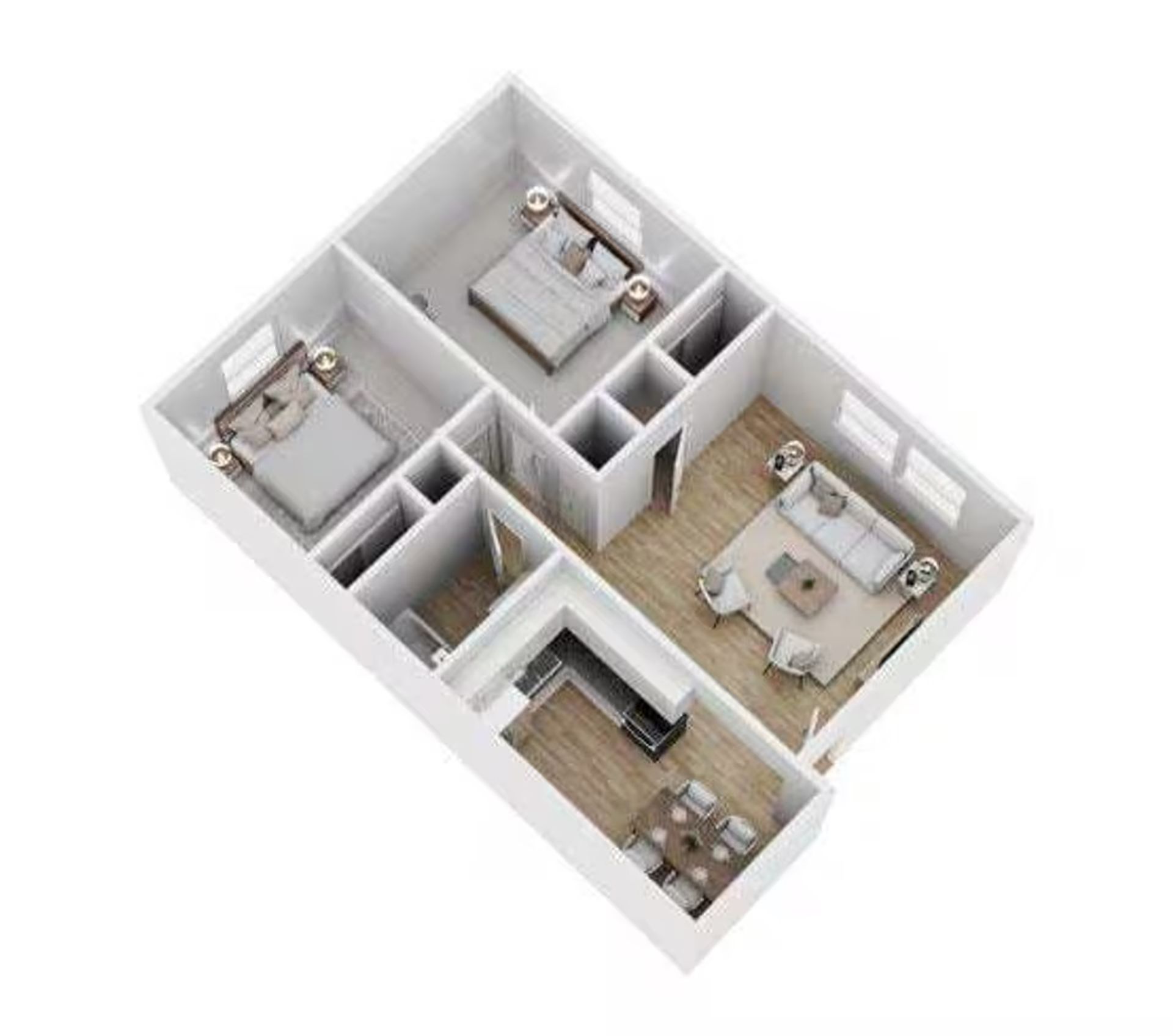 A 3d floor plan of a house with two bedrooms , a living room , and a dining room.