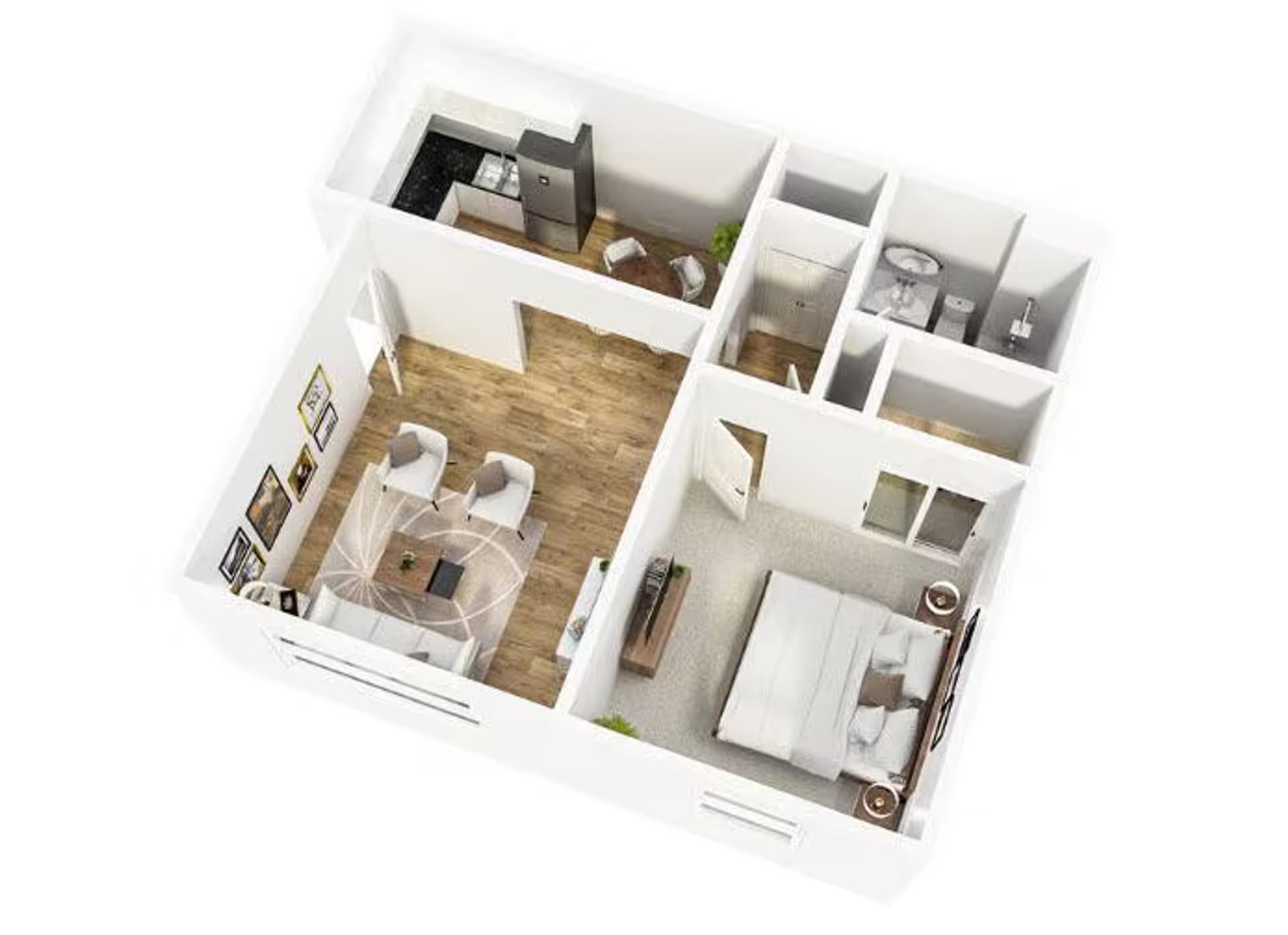 A 3d floor plan of a house with a bedroom , living room , and kitchen.