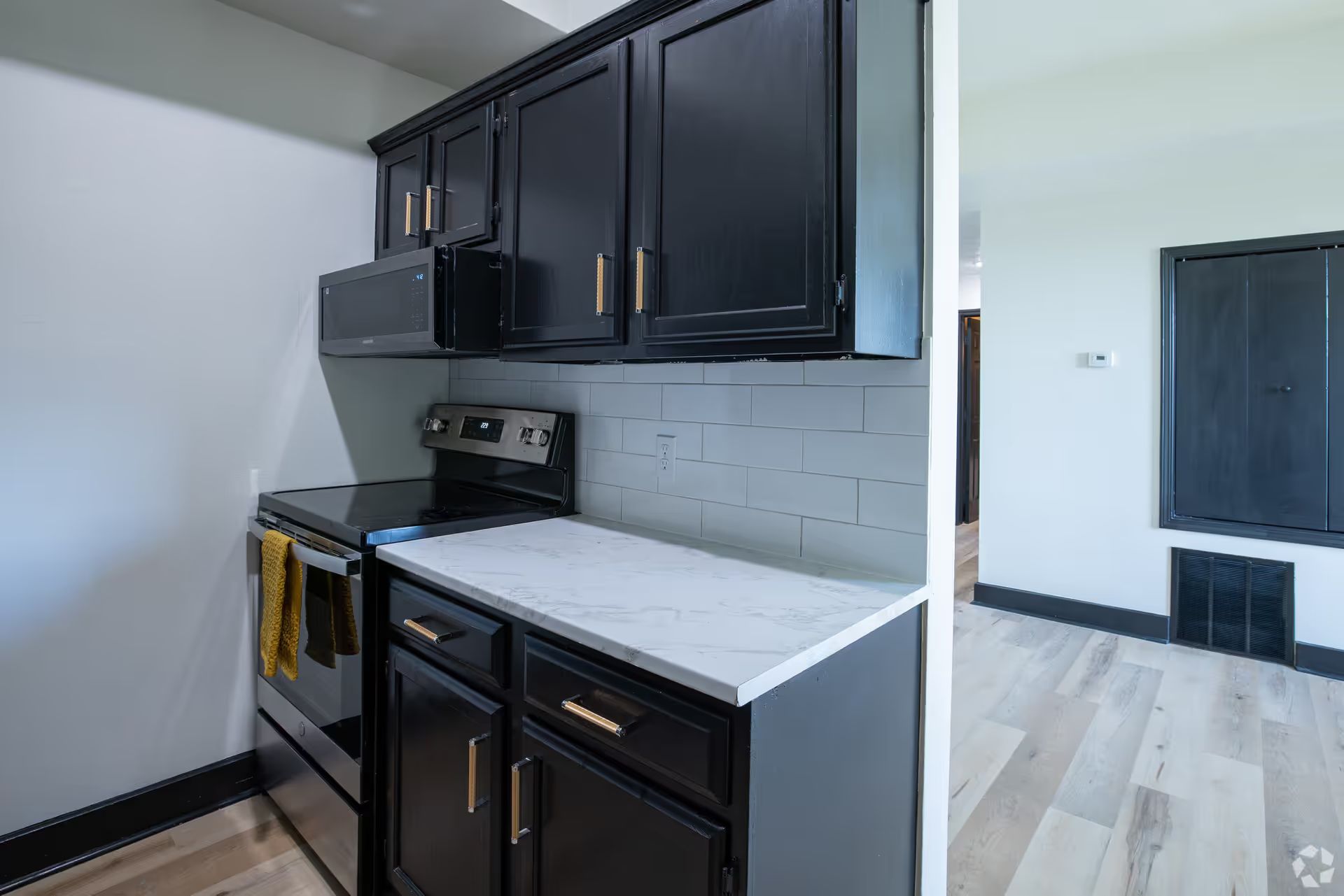 A kitchen with black cabinets , a stove and a microwave.