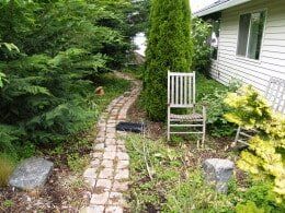 Overgrown walkway with chair