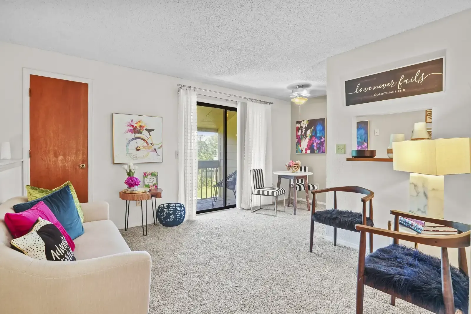 Cozy living room with a couch and dining table