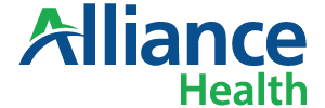 The alliance health logo is blue and green on a white background.