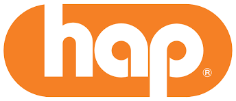 An orange and white hap logo on a white background