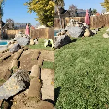 A before and after picture of a backyard with rocks and grass.