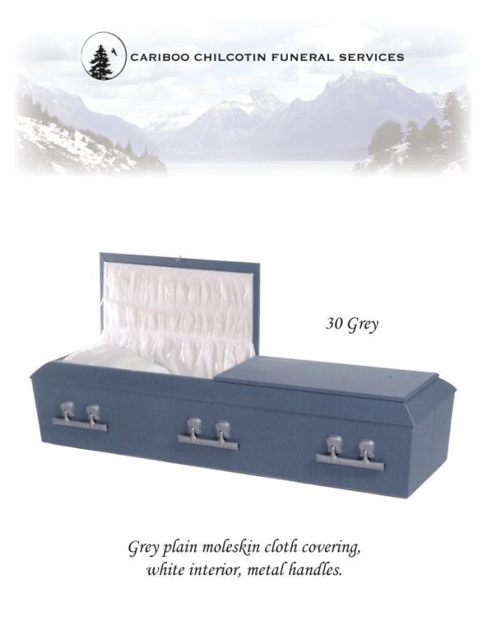 Gray 30-inch coffin with white interior and silver handles on a funeral service ad background