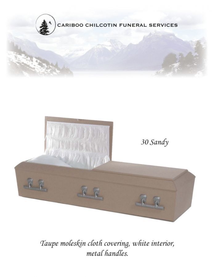 Tan sand funeral casket with open lid and silver hardware, shown on a white background.