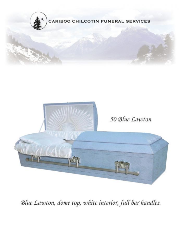 Blue casket with white interior, labeled