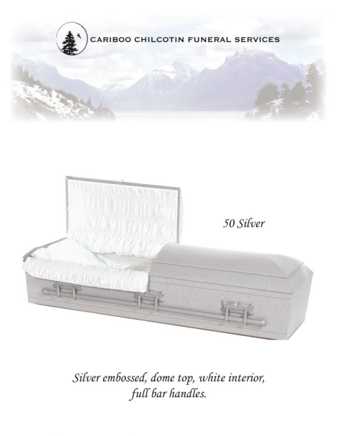 White casket with silver hardware and satin interior, shown in a funeral services ad.