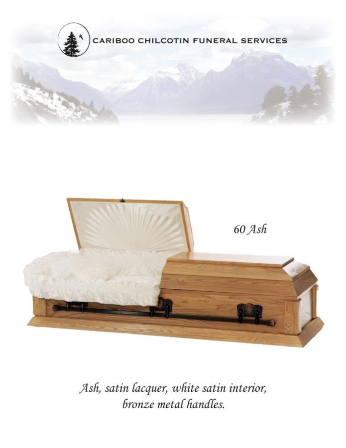 Wooden casket with open lid and white satin lining, shown in a funeral services ad.