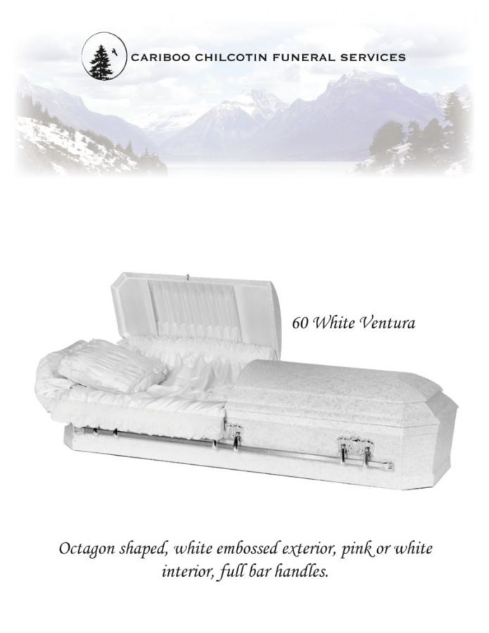 White casket with rose interior from Cariboo-Chilcotin Funeral Services, model 60 White Vantari