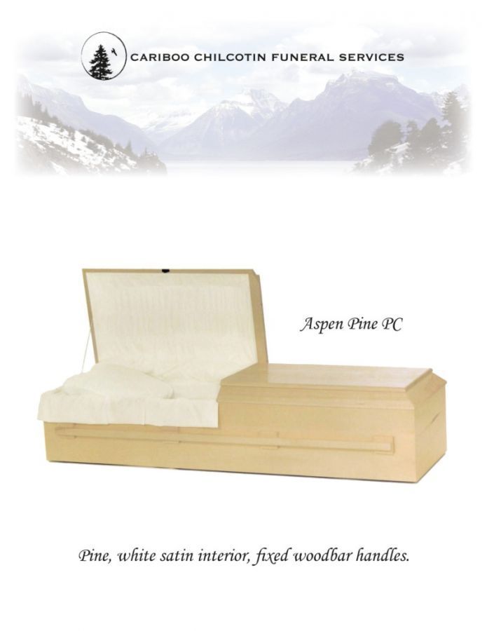Light wood cremation casket with hinged lid and white lining, shown in a funeral services ad.
