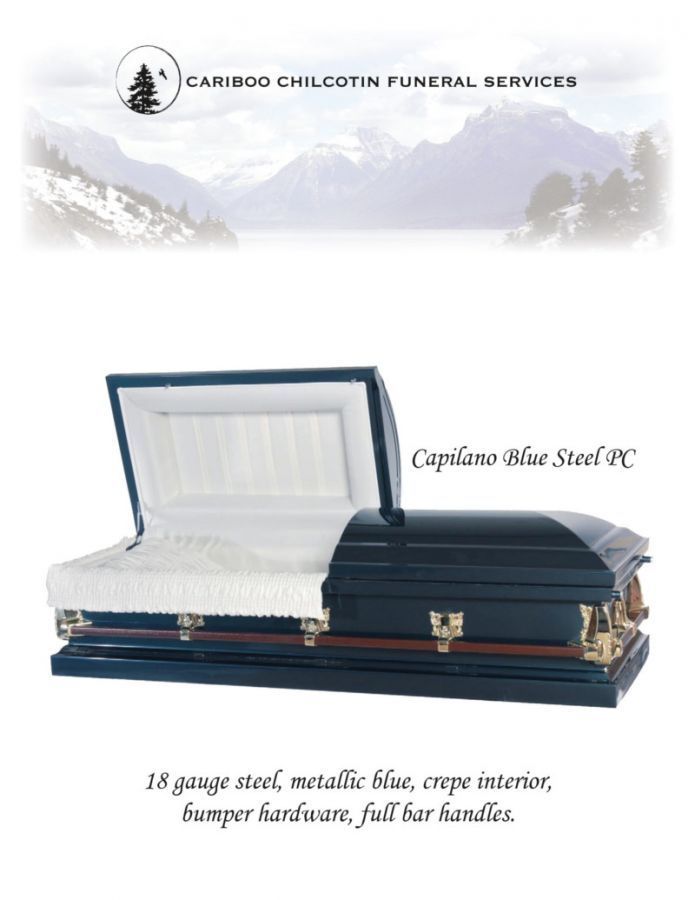 Open casket and closed steel casket on white background, Cariboo Chilcotin Funeral Services brochure