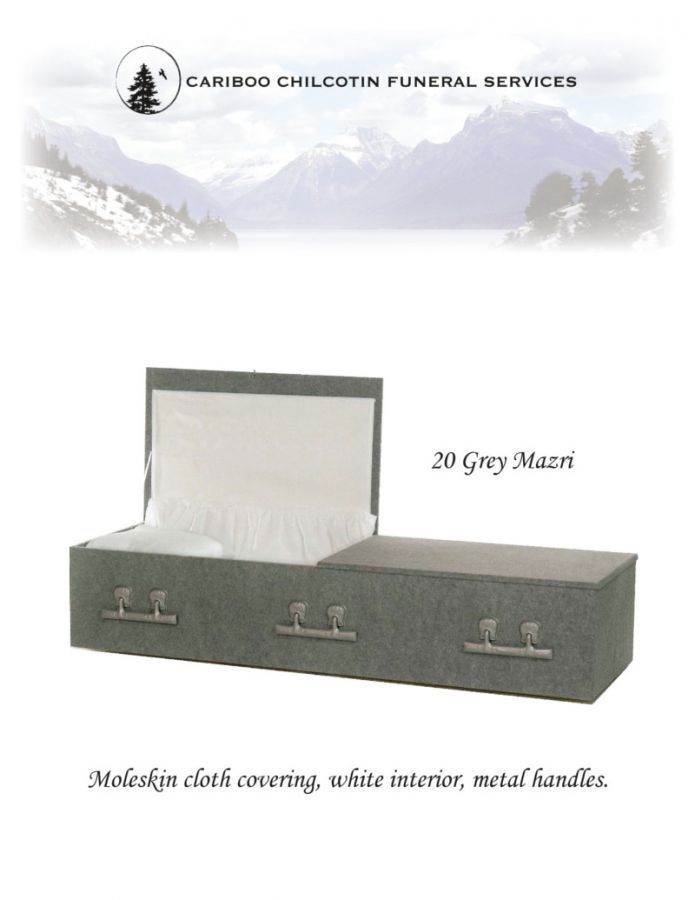 Gray cremation casket with white interior, shown on funeral services ad with mountain logo and text