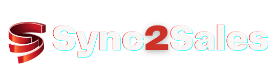 Um logotipo vermelho e branco para sync2sales em um fundo branco.