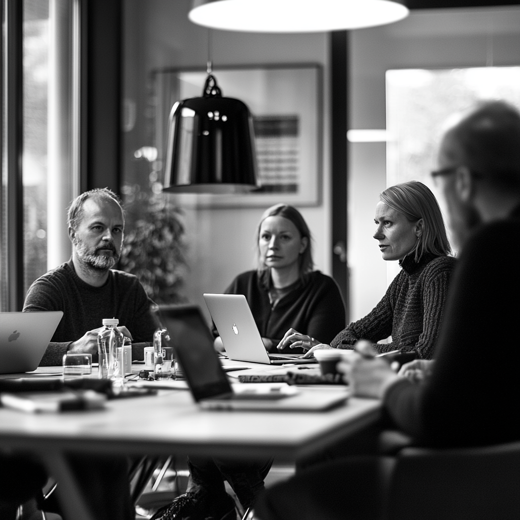 A group of people are having a meeting in an office.