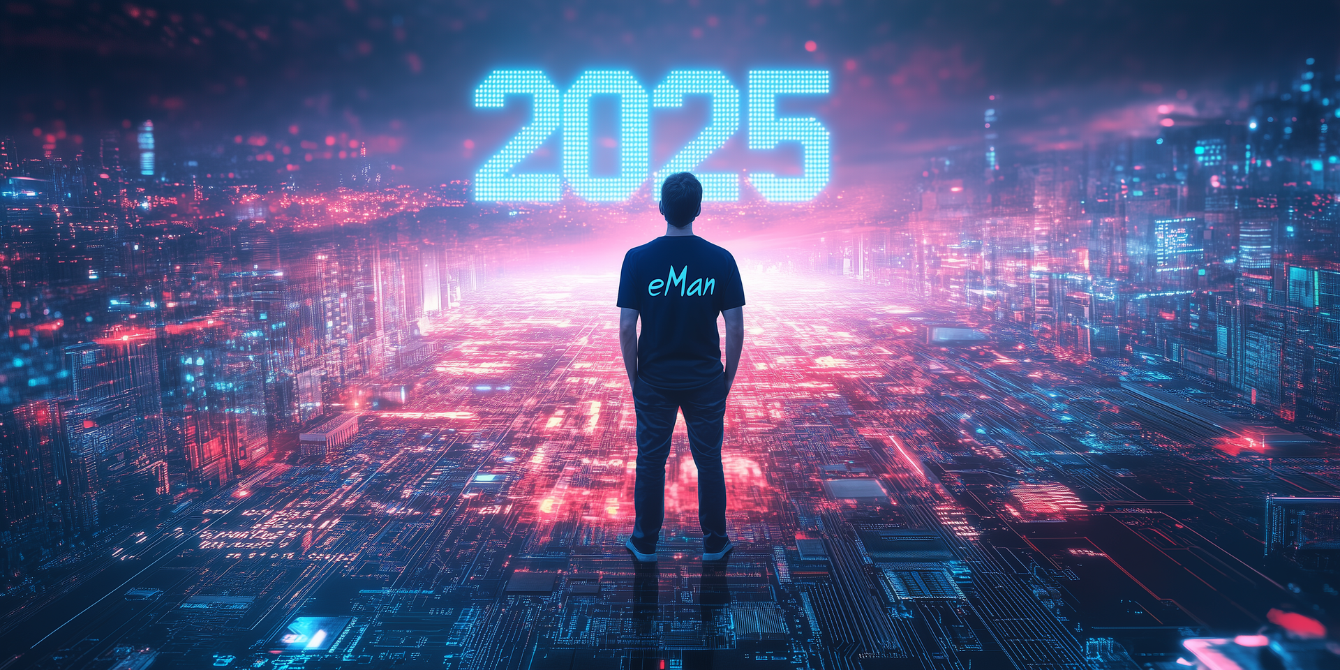 A man is standing in front of a futuristic city and looking at the number 2025.