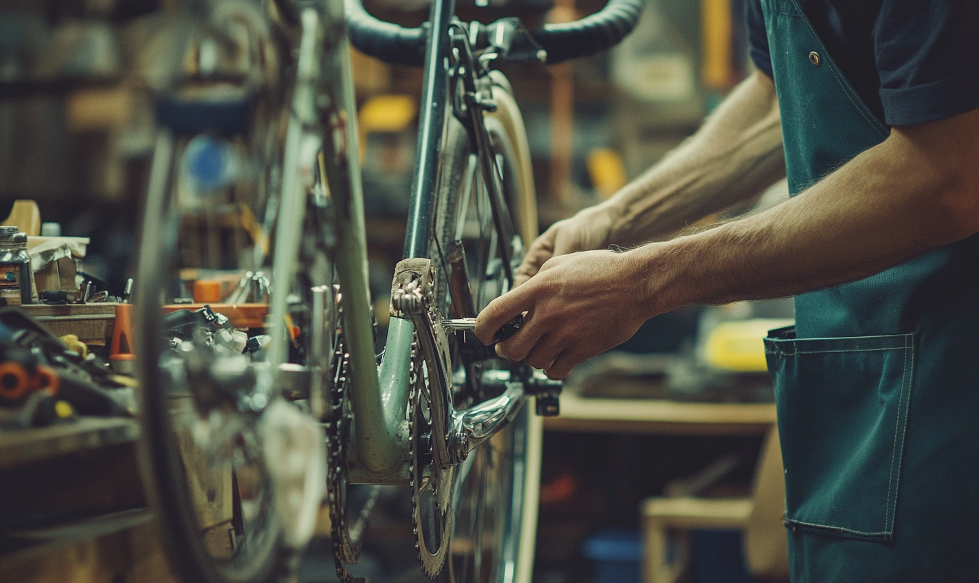 A man and a woman are talking in a bicycle store.