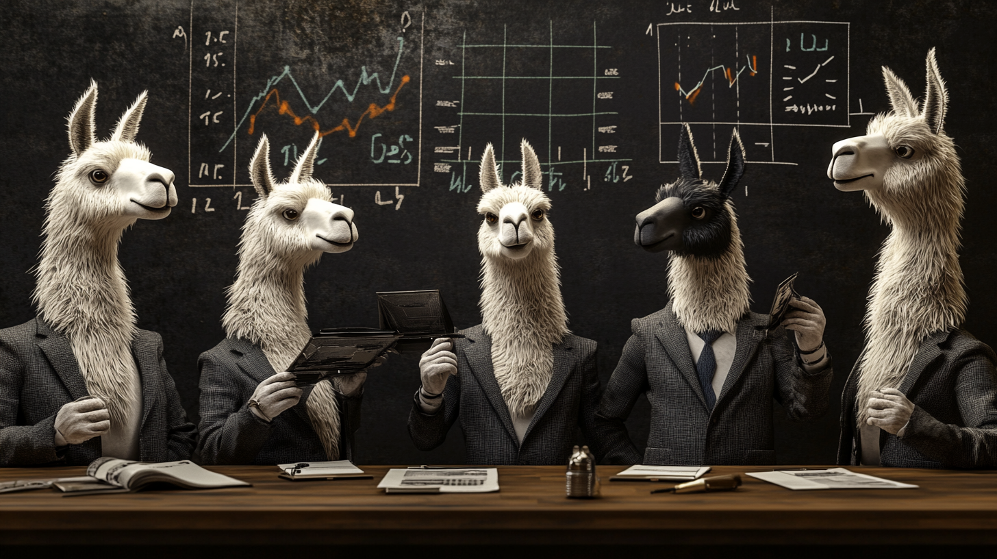 Um grupo de lhamas de terno estão sentados em uma mesa em frente a um quadro negro.