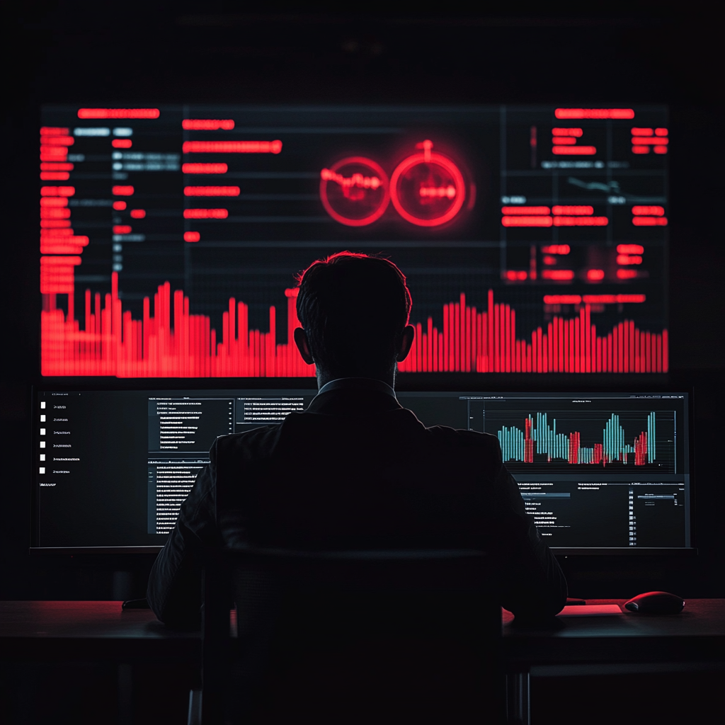 Um homem está sentado em frente a um monitor de computador em um quarto escuro.