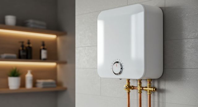 White wall-mounted water heater with copper pipes in a tiled bathroom; shelves with decor in the background