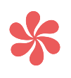 Red stylized flower with six petals on a white background.