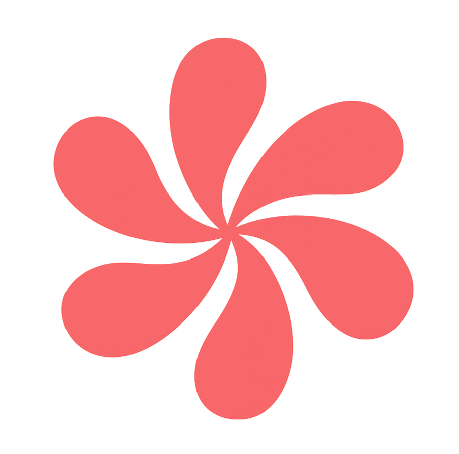 Coral-colored, six-petal flower in a swirling, circular pattern on a white background.