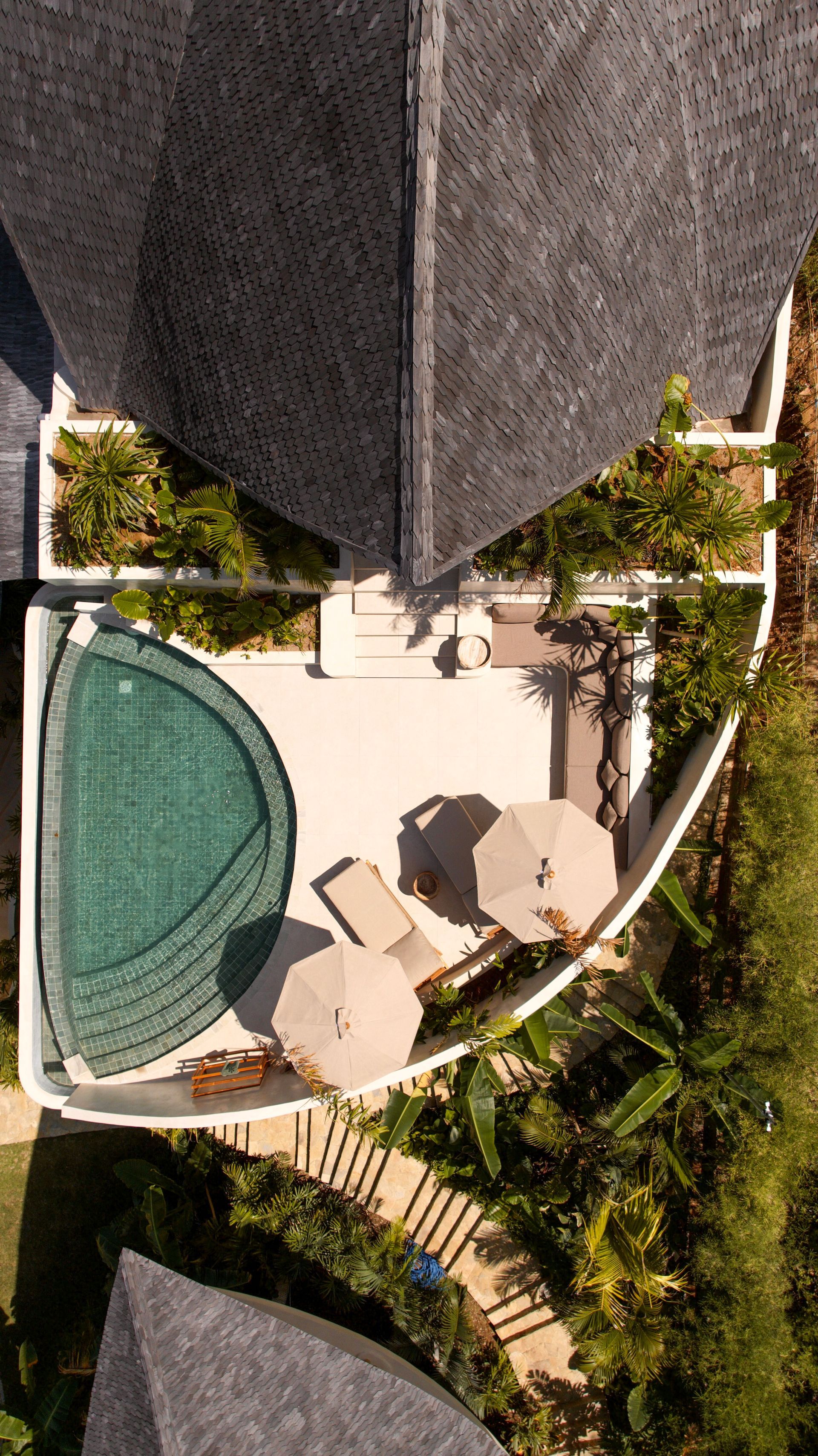 Aerial view of villa with curved pool, patio with umbrellas and chairs, and lush foliage.
