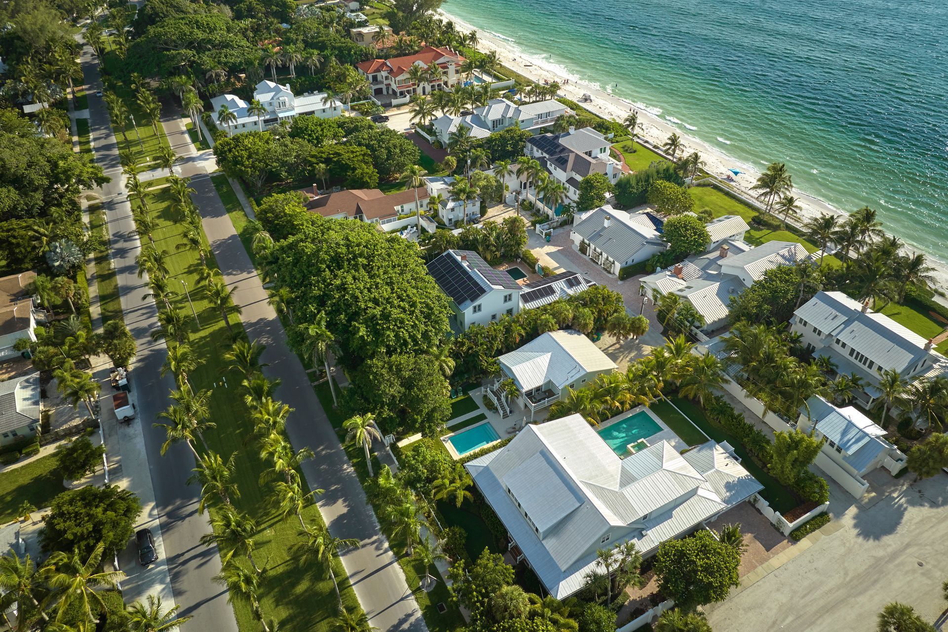 Aerial view of beachfront homes and street lined with trees, next to ocean.