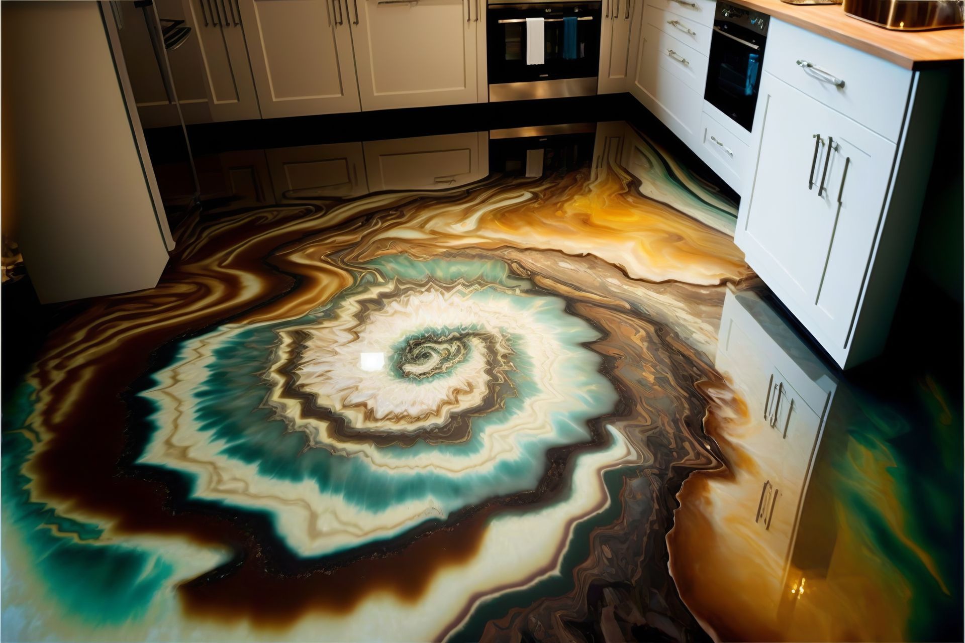 Epoxy kitchen floor with a swirling, agate-like design in shades of brown, teal, and gold.