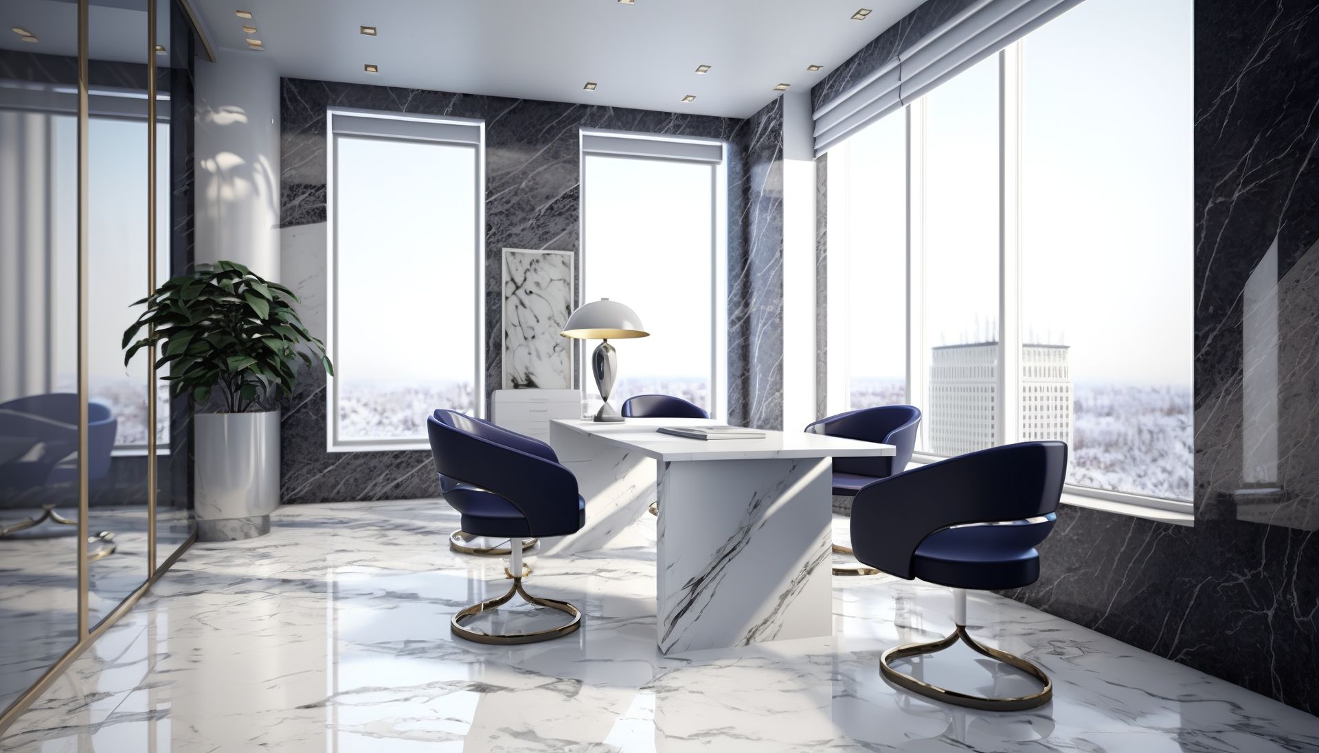 Luxurious office with marble desk and dark blue chairs, large windows, and city view.