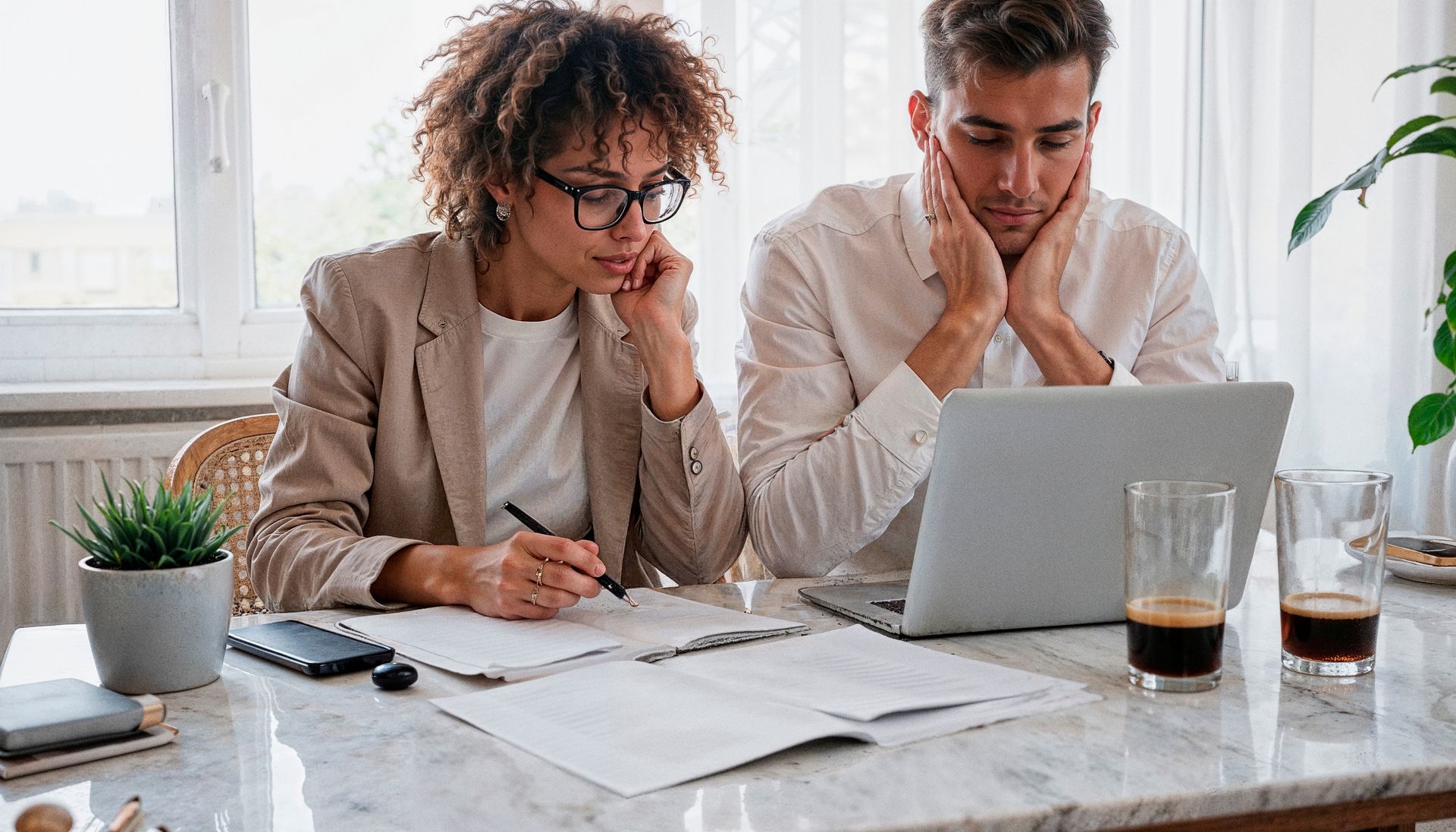 A man with a backpack is standing next to a lake in the woods.