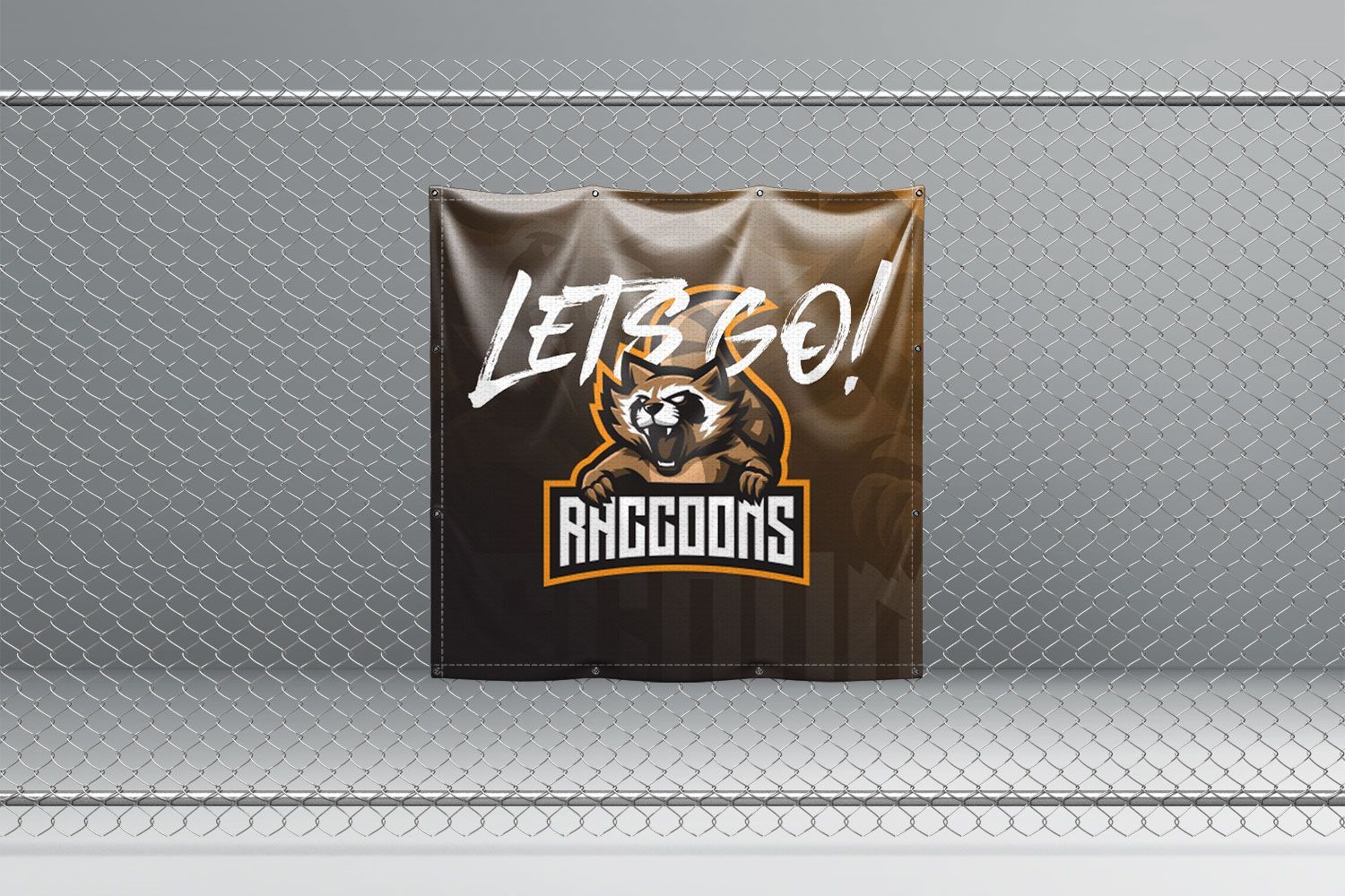 A PVC banner with a raccoon on it is hanging on a chain link fence.