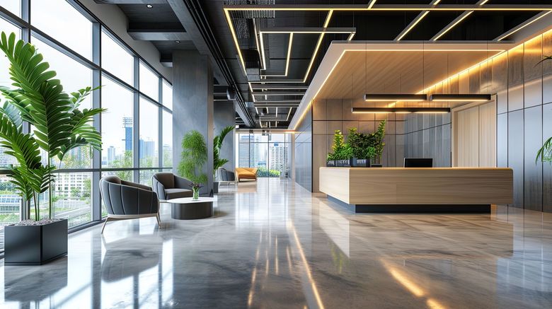 A large lobby with a reception desk and lots of windows.