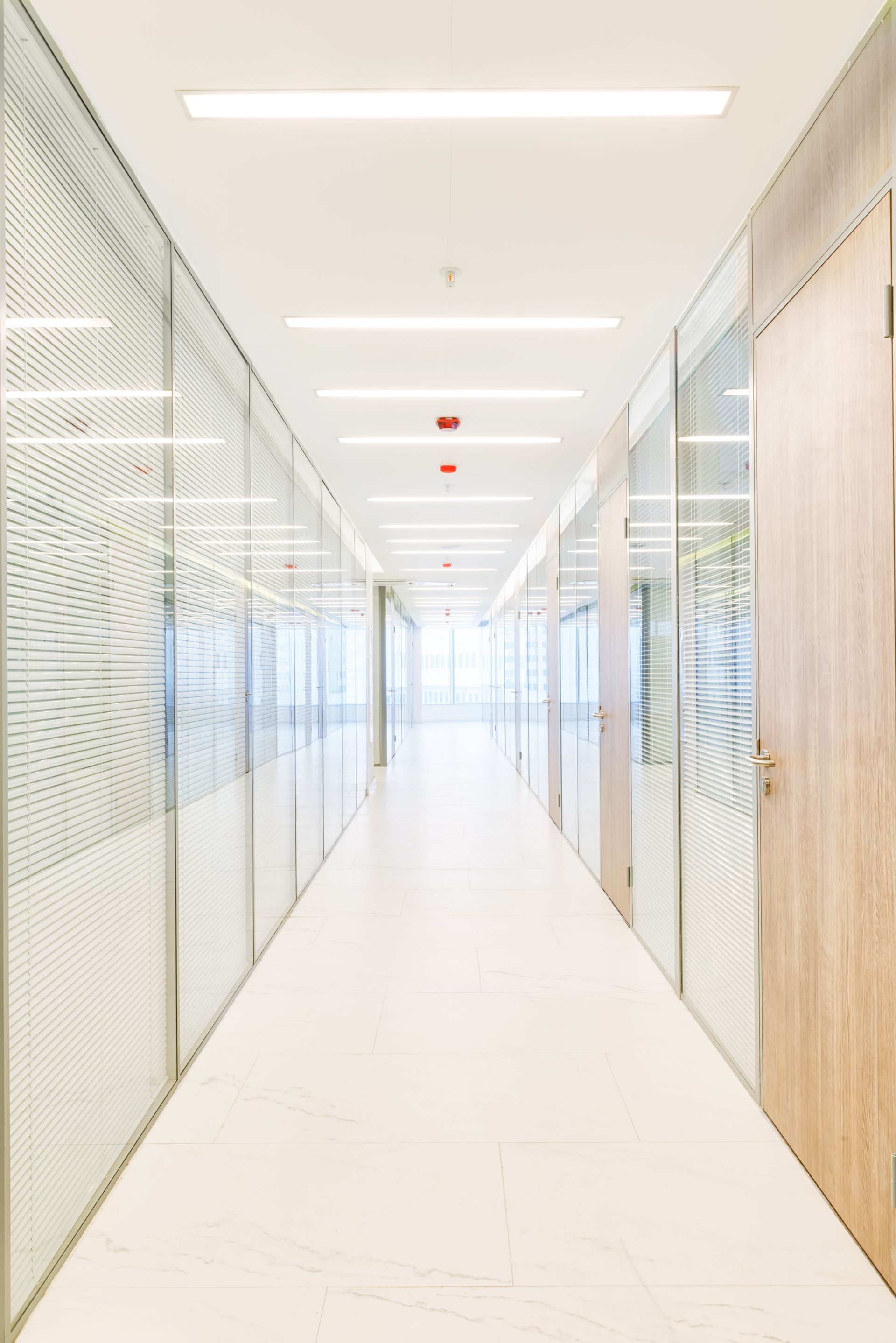 A long hallway with glass walls and doors in an office building.