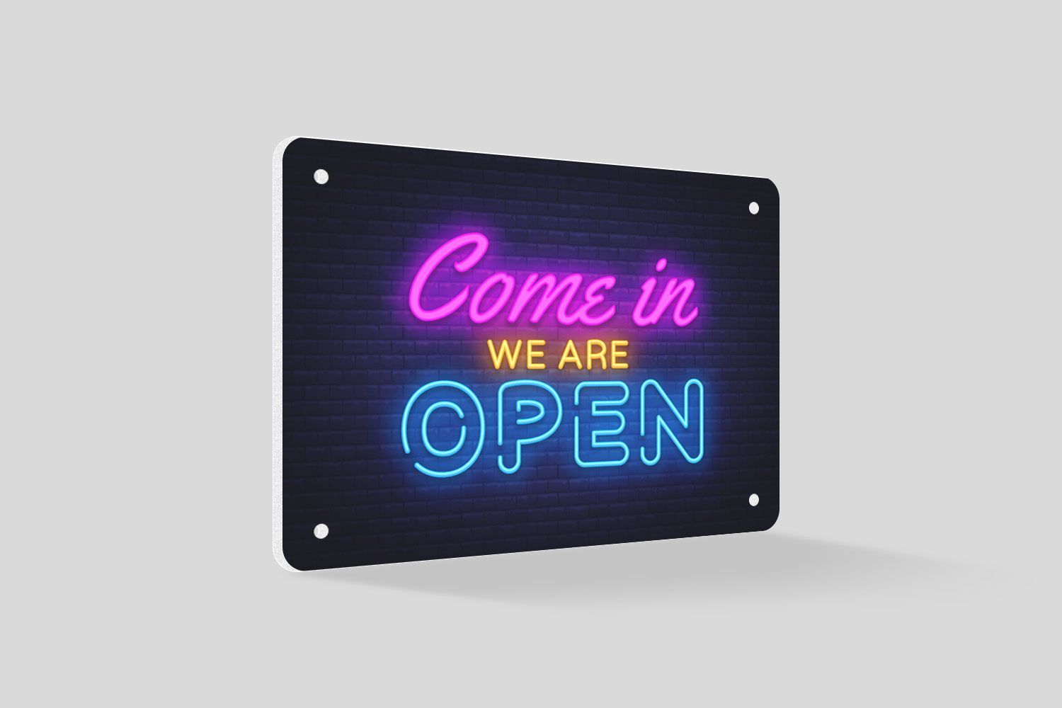 A neon sign that says come in we are open