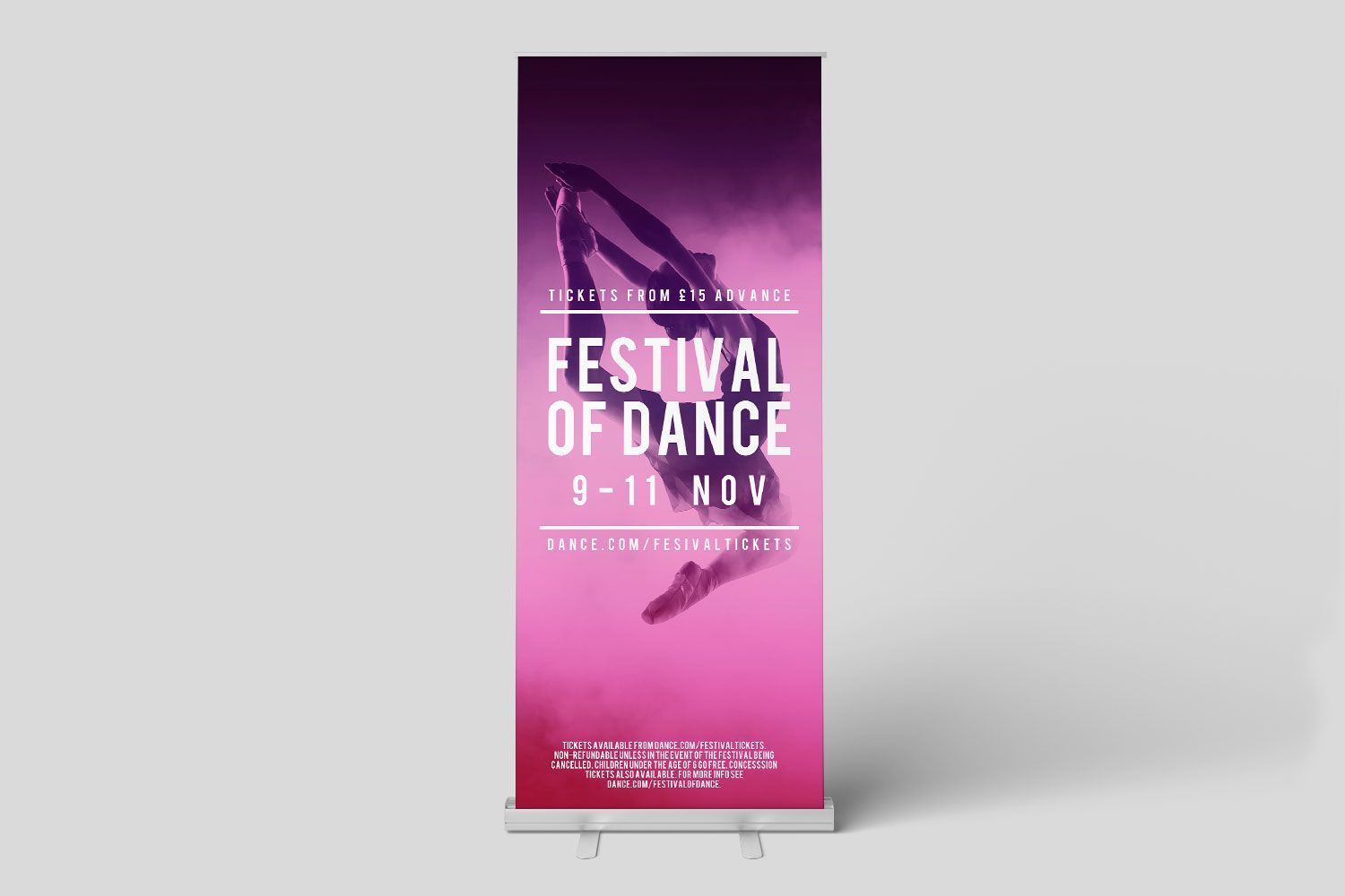 A pink and purple roll up banner for a festival of dance