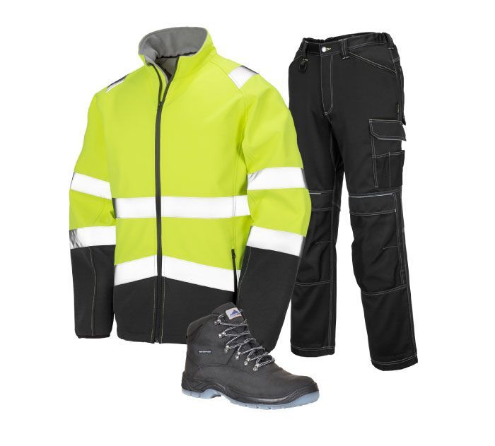 A yellow and black safety jacket trousers and boots