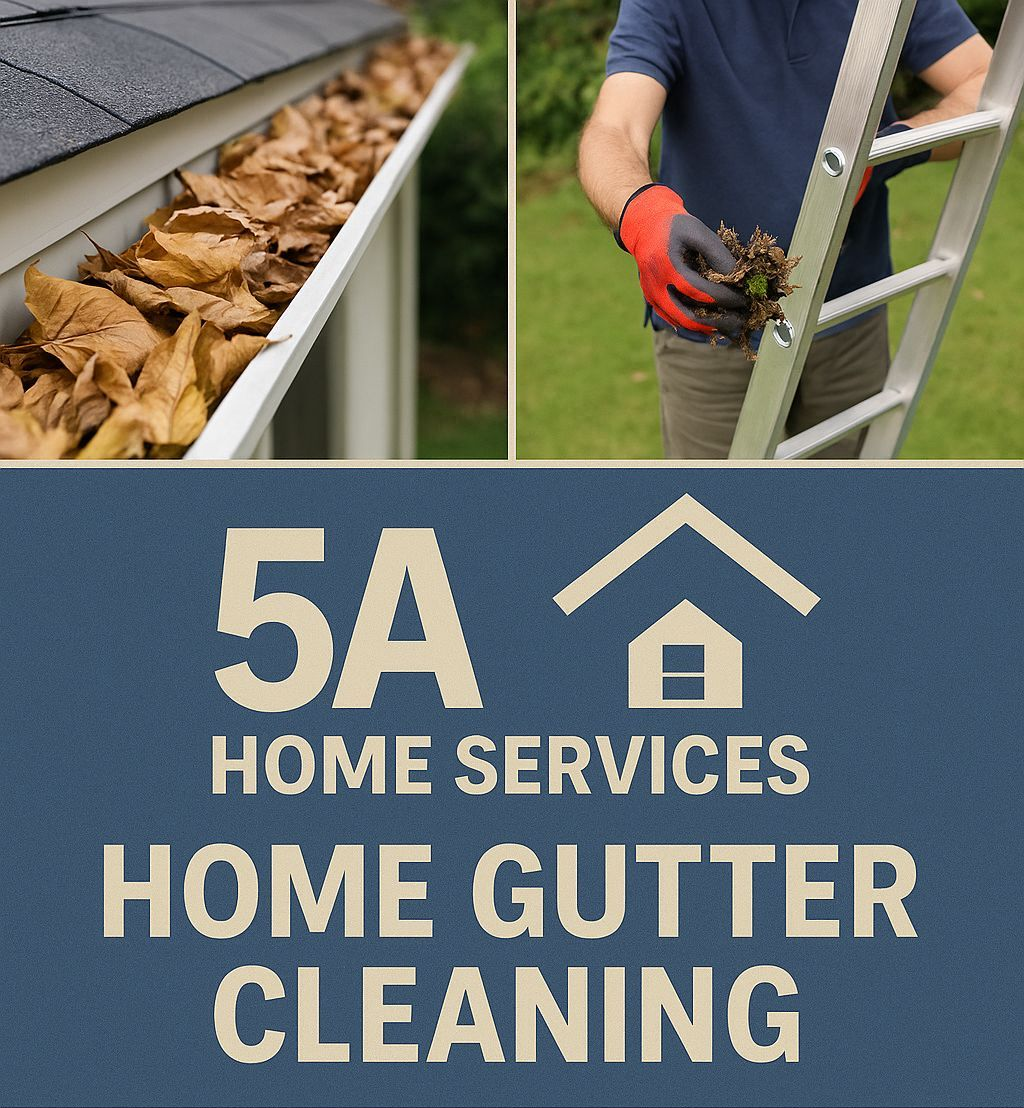 Gutter cleaning ad: gutters filled with leaves, worker on a ladder, company logo with phone number and website.