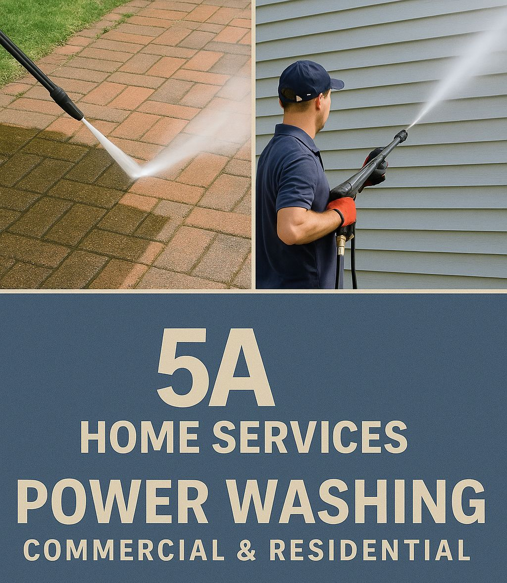 Power washing advertisement. Man spraying siding and bricks. Contact information: 5A Home Services.