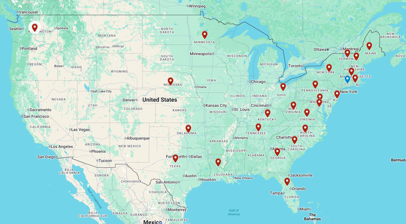 A map of the united states with a lot of red pins on it.