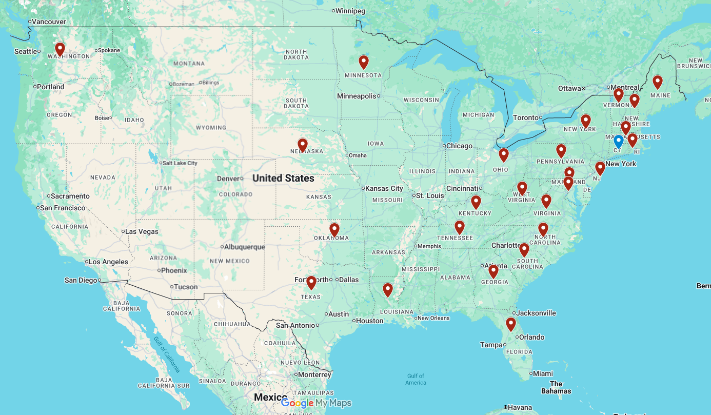 A map of the united states with red markers on it