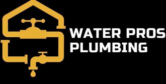 A logo for water pros plumbing with a faucet and a drop of water